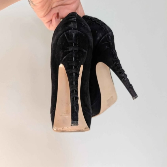Miu Miu Black Suede Pumps Ruched Heel, 6.5, Platform, 5" Heel Classic, Sexy - Picture 2 of 10